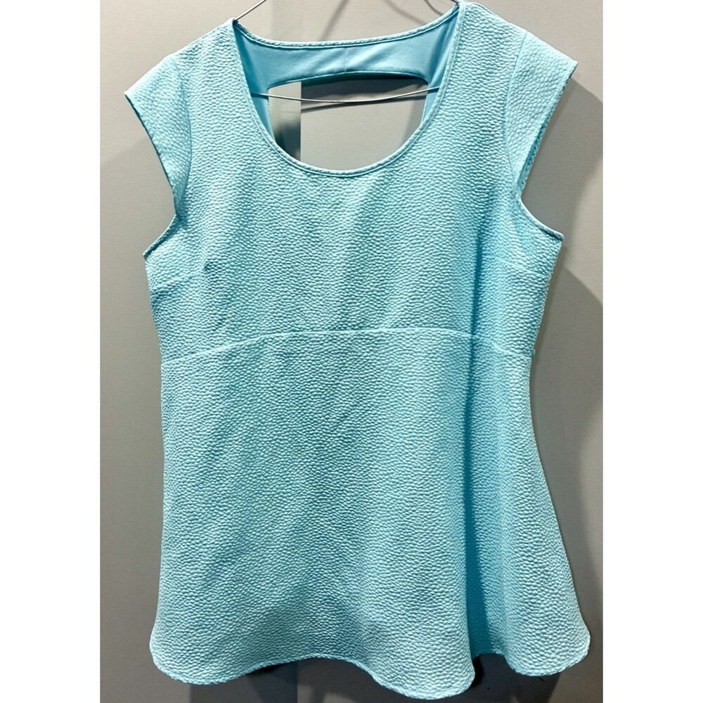 Maternity Workwear Textured Peplum Open Back Top Aqua Cap Sleeve L Spring Bump